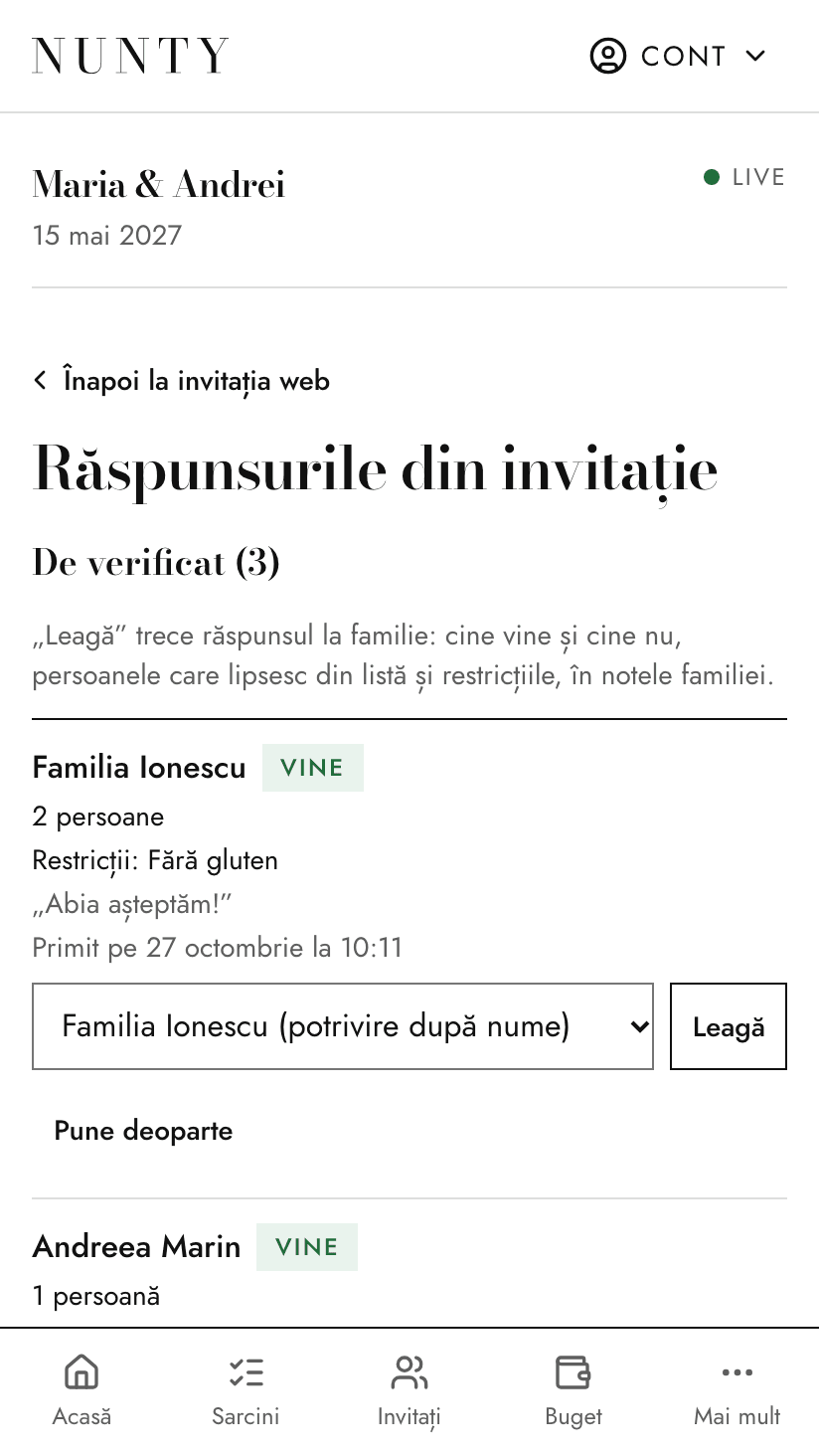 Răspunsurile din invitația digitală, gata de legat de familiile din lista de invitați
